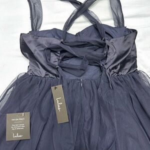 Lulus Navy Blue Lace-Up Bustier Tulle Midi Dress Large